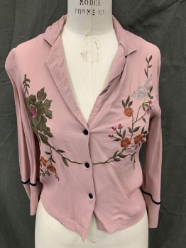 N/L , Dusty Pink, Sage Green, Gray, Fuchsia Pink, Synthetic, Solid, Button Front, Collar Attached, Notched Lapel, 3/4 Sleeves, Navy Blue Cuff Stripe Trim, Floral Embroidery Front, Slight Shoulder Burn