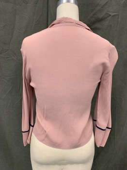 N/L , Dusty Pink, Sage Green, Gray, Fuchsia Pink, Synthetic, Solid, Button Front, Collar Attached, Notched Lapel, 3/4 Sleeves, Navy Blue Cuff Stripe Trim, Floral Embroidery Front, Slight Shoulder Burn