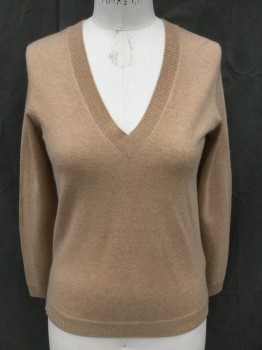 Womens, Pullover, MASSIMO DUTTI, Camel Brown, Cashmere, Solid, XS, Ribbed Knit V-neck, Long Sleeves, Ribbed Knit Cuff/Waistband, Hem Longer in Back, Side Vents