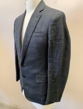 Mens, Sportcoat/Blazer, RALPH LAUREN, Charcoal Gray, Black, Linen, Check - Micro , 40R, Single Breasted, Notched Lapel, 2 Buttons, 3 Pockets, Partially Lined