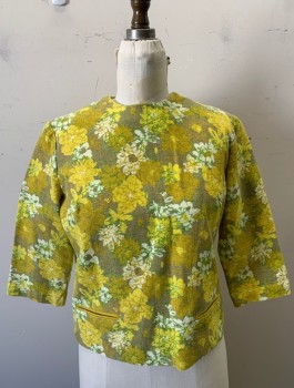 Womens, 1960s Vintage, Suit, Jacket, MARY HAYES, Yellow, Green, Taupe, White, Linen, Floral, B:36, Top, 3/4 Sleeves, High Round Neck, 2 Welt Pockets at Hips, Yellow Buttons Down Center Back,