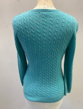 Womens, Pullover, JCREW, Baby Blue, Cashmere, Solid, Cable Knit, XS, Long Sleeves, Round Neck,  5 Small Button Closures at Left Shoulder