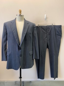 Mens, Suit, Jacket, Botany, Gray, Blue, Brown, Wool, Stripes - Pin, 52, 2 Buttons, Single Breasted, Notched Lapel, 3 Pockets