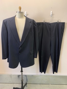 Charles Jourdan, Navy Blue, Wool, Stripes - Pin, 2 Buttons, Single Breasted, Notched Lapel, 3 Pockets