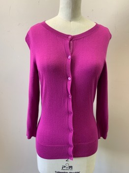HALOGEN, Magenta Purple, Viscose, Nylon, Solid, Button Front, Ribbed Knit Neck/Waistband/Cuff