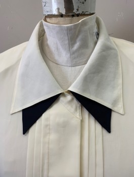 LOUIS FERAUD, Off White, Black, Polyester, Solid, Long Sleeves, Button Front, 2 Layer Collar Attached with Contrasting Black Collar Underneath, Black Accents at Cuffs, Vertical Pleats Along Placket, Padded Shoulders,