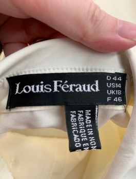 Womens, Blouse, LOUIS FERAUD, Off White, Black, Polyester, Solid, Sz.14, B:46, Long Sleeves, Button Front, 2 Layer Collar Attached with Contrasting Black Collar Underneath, Black Accents at Cuffs, Vertical Pleats Along Placket, Padded Shoulders,