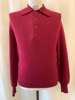 Mens, Polo Shirt, HOUSE OF DAVID, Red Burgundy, Alpaca, Wool, L, Collar Attached, 1/4 Button Front, Long Sleeves *Hole to the  Right of Placket