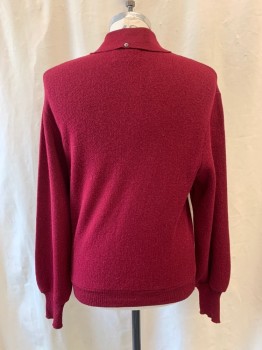 Mens, Polo Shirt, HOUSE OF DAVID, Red Burgundy, Alpaca, Wool, L, Collar Attached, 1/4 Button Front, Long Sleeves *Hole to the  Right of Placket