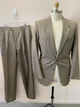 Mens, Suit, Jacket, BOTANY 500, Khaki Brown, Brown, White, Tan Brown, Wool, Stripes - Vertical , 2 Buttons,  Notched Lapel, 3 Pockets,