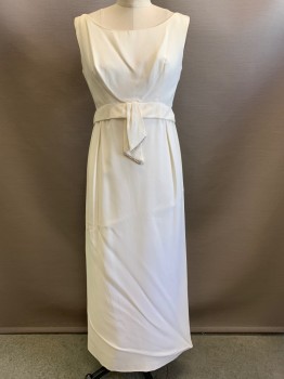 Womens, Evening Gown, NO LABEL, Off White, Polyester, Solid, W26, B32, Sleeveless, Scoop Neck, Waist Tie with Diamond Trim, Pleated, Back Zipper,, Back Slit