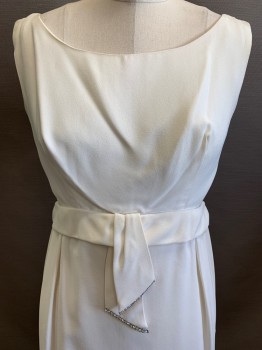 NO LABEL, Off White, Polyester, Solid, Sleeveless, Scoop Neck, Waist Tie with Diamond Trim, Pleated, Back Zipper,, Back Slit