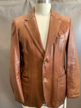 Mens, Leather Jacket, REMY, Lt Brown, Leather, Solid, 44, Single Breasted, 2 Buttons,  3 Pockets, Notched Lapel,