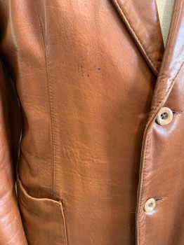 Mens, Leather Jacket, REMY, Lt Brown, Leather, Solid, 44, Single Breasted, 2 Buttons,  3 Pockets, Notched Lapel,