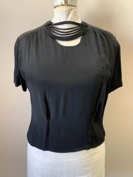 Womens, Blouse, ALICE STUART, Black, Rayon, Solid, B: 38, Scoop Neckline, Fabric Spiral on Each Side of Neckline with Fabric Strips Draping Across, Short Sleeves, Button Back
