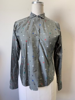 L. MANHATTAN, Gray, Green, White, Black, Blue, Silk, Polka Dots, Peter Pan Collar Attached, Button Front, Long Sleeves