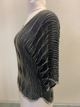 ST. MARTIN, Black, Silver, Polyester, Stripes, Diamonds, S/S, V Neck, Sheer, Beaded & Sequins Detail