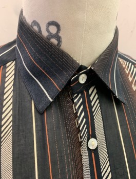 Mens, Casual Shirt, JACQUES FATH, Black, White, Rust Orange, Cotton, Abstract , Stripes - Vertical , S:33, N:15.5, Sheer, L/S, Button Front, Collar Attached, 1 Pocket