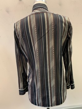 JACQUES FATH, Black, White, Rust Orange, Cotton, Abstract , Stripes - Vertical , Sheer, L/S, Button Front, Collar Attached, 1 Pocket