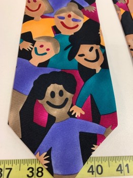 Mens, Tie, SAVE THE CHILDREN, Black, Lavender Purple, Teal Green, Goldenrod Yellow, Beige, Silk, Human Figure, O/S, Happy Faced Children Pattern, Four in Hand