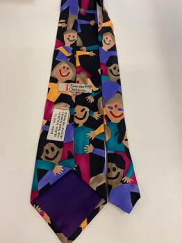 Mens, Tie, SAVE THE CHILDREN, Black, Lavender Purple, Teal Green, Goldenrod Yellow, Beige, Silk, Human Figure, O/S, Happy Faced Children Pattern, Four in Hand