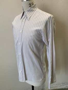 Mens, Dress Shirt, PIKE BROS, Off White, Brick Red, Slate Blue, Cotton, Stripes - Pin, Slv:34, N:15, Reproduction, Long Sleeves, Button Front, Collar Attached,