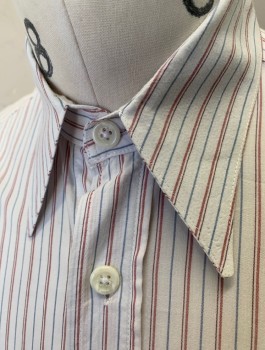 Mens, Dress Shirt, PIKE BROS, Off White, Brick Red, Slate Blue, Cotton, Stripes - Pin, Slv:34, N:15, Reproduction, Long Sleeves, Button Front, Collar Attached,