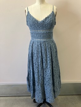 NSR, Dusty Blue, Cotton, Solid, Chantilly Lace, Adjustable Spag Strap, V-N, Full Skirt with Inverted Box Pleats Ankle Length, Side Zip,