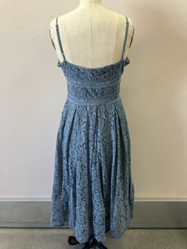 NSR, Dusty Blue, Cotton, Solid, Chantilly Lace, Adjustable Spag Strap, V-N, Full Skirt with Inverted Box Pleats Ankle Length, Side Zip,