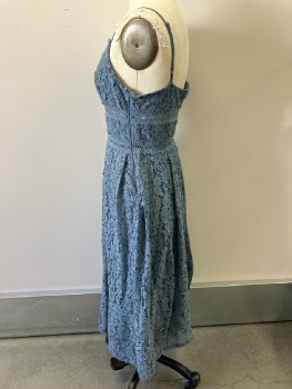 NSR, Dusty Blue, Cotton, Solid, Chantilly Lace, Adjustable Spag Strap, V-N, Full Skirt with Inverted Box Pleats Ankle Length, Side Zip,