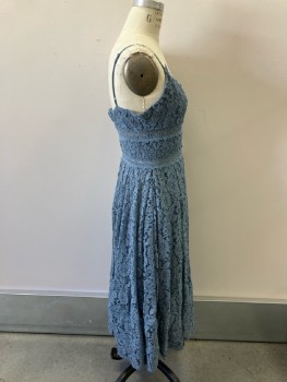 NSR, Dusty Blue, Cotton, Solid, Chantilly Lace, Adjustable Spag Strap, V-N, Full Skirt with Inverted Box Pleats Ankle Length, Side Zip,