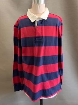 Childrens, Polo, OLD NAVY, Red Burgundy, Navy Blue, White, Cotton, Stripes - Horizontal , XL, L/S, 3 Buttons, Collar Attached