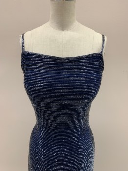 Womens, Evening Gown, SEAN COLLECTION, Navy Blue, Silk, Polyester, W 24, B 30, Square Neckline, Spaghetti Straps, All Over Beading, Zip Back, Floor Length Hem