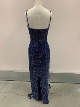 Womens, Evening Gown, SEAN COLLECTION, Navy Blue, Silk, Polyester, W 24, B 30, Square Neckline, Spaghetti Straps, All Over Beading, Zip Back, Floor Length Hem
