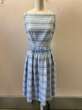 LANZ, Baby Blue, White, Cotton, Stripes - Horizontal , Bateau Neckline, 1 Inch Straps, Gathered At Waist, Bow At CF Waist, A Line, Button Back, Fabric Covered Buttons, Hem Below Knee
