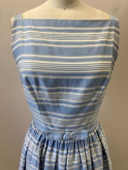 LANZ, Baby Blue, White, Cotton, Stripes - Horizontal , Bateau Neckline, 1 Inch Straps, Gathered At Waist, Bow At CF Waist, A Line, Button Back, Fabric Covered Buttons, Hem Below Knee