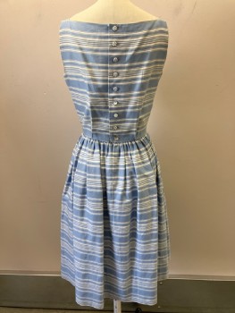 Womens, Dress, LANZ, Baby Blue, White, Cotton, Stripes - Horizontal , W:24, B:34, Bateau Neckline, 1 Inch Straps, Gathered At Waist, Bow At CF Waist, A Line, Button Back, Fabric Covered Buttons, Hem Below Knee