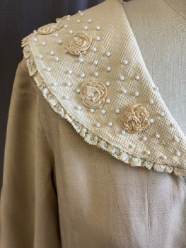 Womens, 1940s Vintage Piece 2, N/L, Ecru, Cotton, Solid, SIZE, NO , Shawl Collar- Pique, Plastic Beads, Flowers Made From Lace. Trimmed In Lace