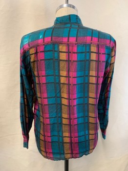 INTRO, Teal Green, Hot Pink, Multi-color, Silk, Plaid, C.A., Button Front, L/S, 1 Pocket, Caramel, Black Colors, Some Squares Have Small Black Dots