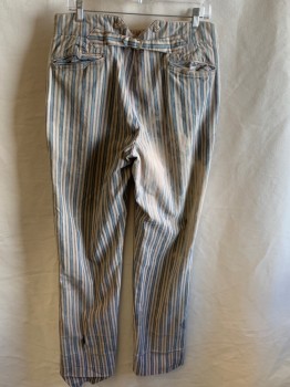Mens, Historical Fiction Pants, NL, Beige, Blue, Cotton, Stripes, 33, 34, High Waist, Button Front with 2 Missing, F.F, Suspender Buttons, 2 Back Pockets, Back Half Belt with Broken Buckle, Aged & Mended Spots, Bleached Spots