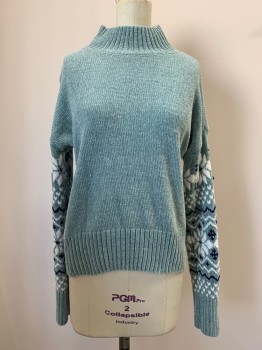 Womens, Pullover, CHRISTIAN SIRIANO, Ice Blue, Navy Blue, White, Polyester, B34, XS, L/S, Mock Neck, Knit, Floral Pattern On Sleeves,