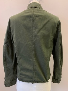 Mens, Casual Jacket, ZARA, Olive Green, Cotton, Solid, M, L/S, Button Front, Collar Attached, Chest Pockets, Distressed Trim