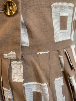 MTO, Lt Brown, White, Cotton, Squares, Light Brown Background with White Squares, Short Sleeves, 1 Button at Back of Cuffs, Collar Attached, Notched Lapel, 3 Gold Buttons Down Front, Hook/Eye and Snap Closure, Large Belt Loops, Pleated Skirt *Small Rust Stain on Waist*