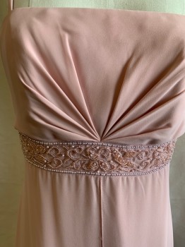 Womens, Bridal Dress, MICHAELANGELO, Dusty Pink, Polyester, Solid, 4, Spaghetti Straps, Empire Waist, Beaded Trim @ Waist, Fan Pleats In Bodice, Chiffon Overlay With Slit In Front, MULTIPLES