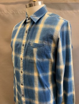 Mens, Casual Shirt, RALPH LAUREN RRL, Navy Blue, Ecru, Cotton, Plaid - Tattersall, XL, Long Sleeves, Button Front, Collar Attached, Unusual Seams at Under Arms, 1 Patch Pocket, Retro