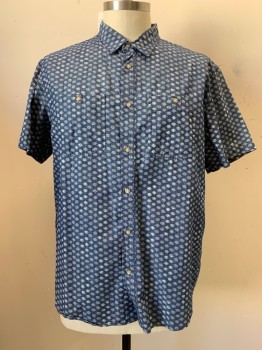 Mens, Casual Shirt, OLD NAVY, Denim Blue, White, Cotton, Circles, XXL, S/S, Button Front, Collar Attached, Chest Pockets