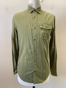 Mens, Casual Shirt, Penguin, Olive Green, Cotton, Lyocell, Solid, S, L/S, Button Front, C.A., Chest Pocket