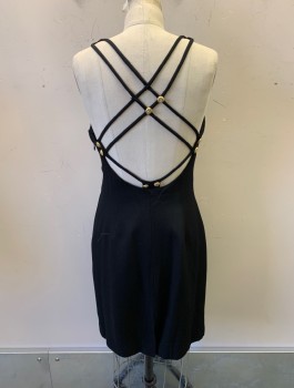 Womens, Cocktail Dress, L.K.L, Black, Rayon, 6, Boat Neck, Sleeveless, Open Back With Criss Crossed Straps, Gold & Rhinestone Buttons, Fitted, Zip Side, Hem at Knee