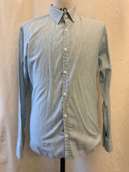 Mens, Casual Shirt, BILLY REID, Aqua Blue, White, Cotton, Stripes - Vertical , 35, 15.5, Collar Attached, Button Down Collar, Button Front, Long Sleeves