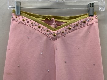 Womens, 1970s Vintage, Piece 2, NO LABEL, Lt Pink, Gold, Polyester, Solid, W24, V Cut Waist Band, Gold And Pink Rhinestones And Studs, Flower On Bottom Pant Leg, Back Zip, Wide Leg, Made To Order,